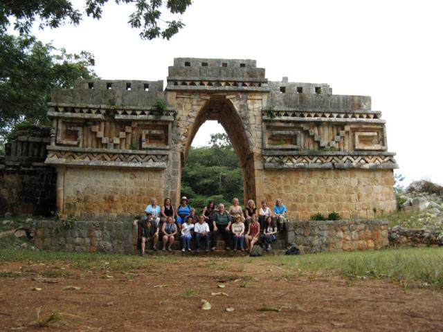 Our travel group at the beautifully decorated Mayan arch in Labna, considered a gateway to another dimension.